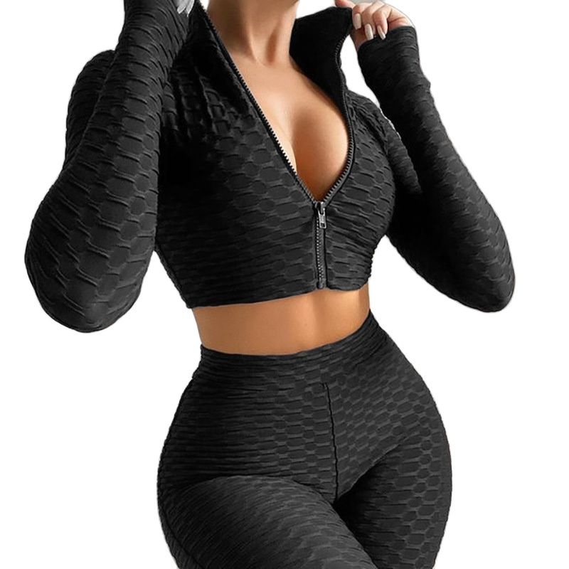 Women's Tight Solid Color Long Sleeve Leisure Sports Suit Women's 2-Piece