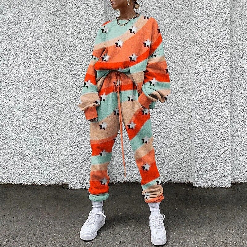 Stylish Printed Round-necked Long-sleeved Trousers Sports Two-piece Suit  Two Piece Set  Crop Top  Two Piece Set Women  Clothes