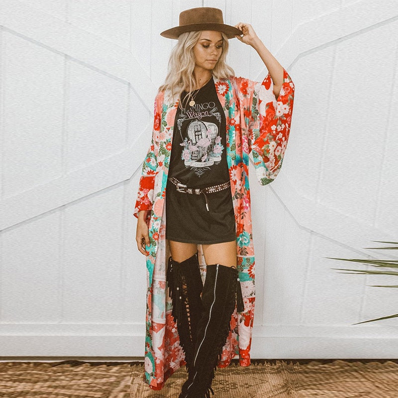 Chiffon Kimono Cardigan Floral Dress