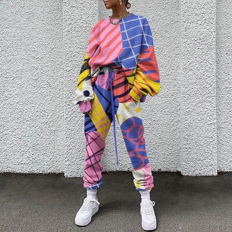 Stylish Printed Round-necked Long-sleeved Trousers Sports Two-piece Suit  Two Piece Set  Crop Top  Two Piece Set Women  Clothes