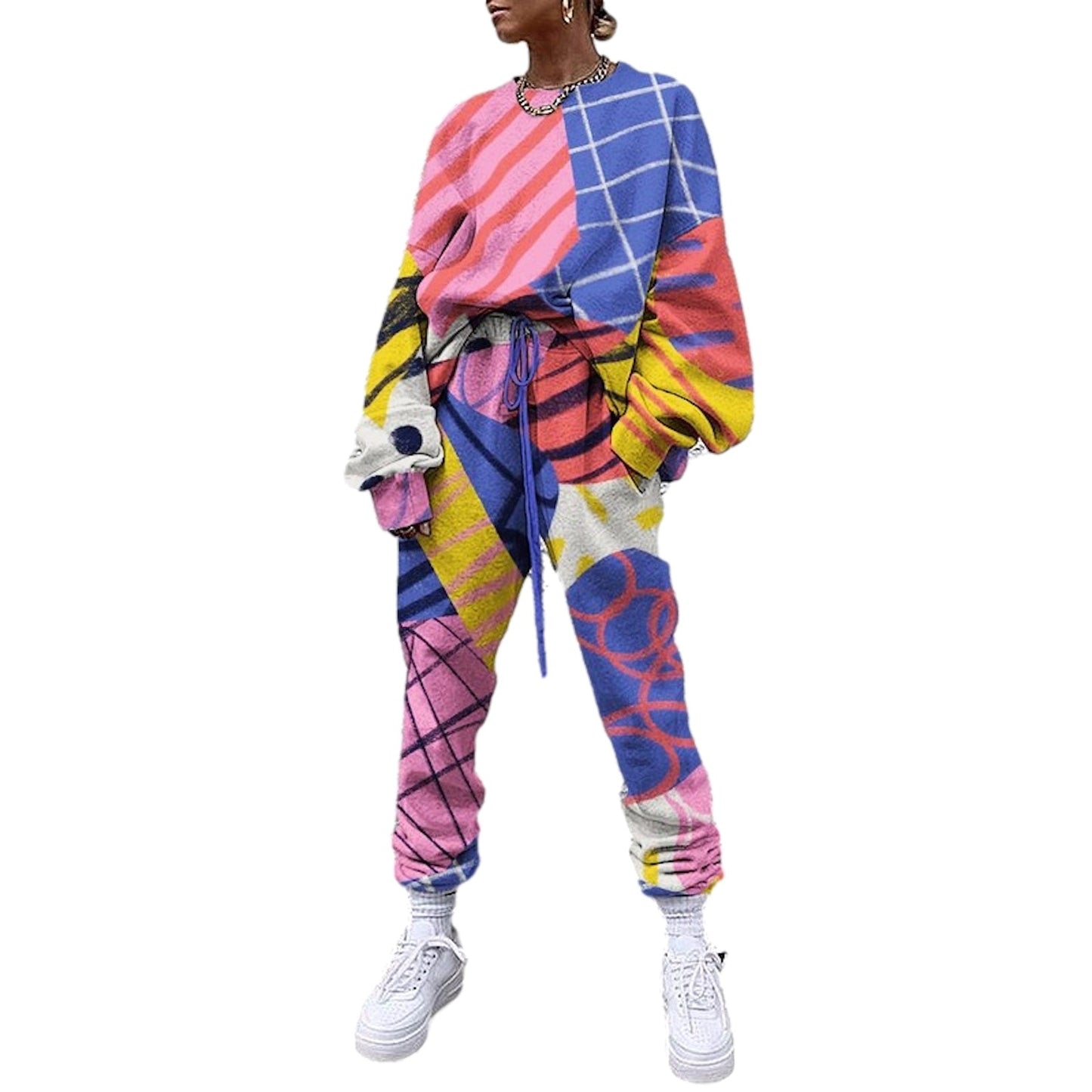 Stylish Printed Round-necked Long-sleeved Trousers Sports Two-piece Suit  Two Piece Set  Crop Top  Two Piece Set Women  Clothes